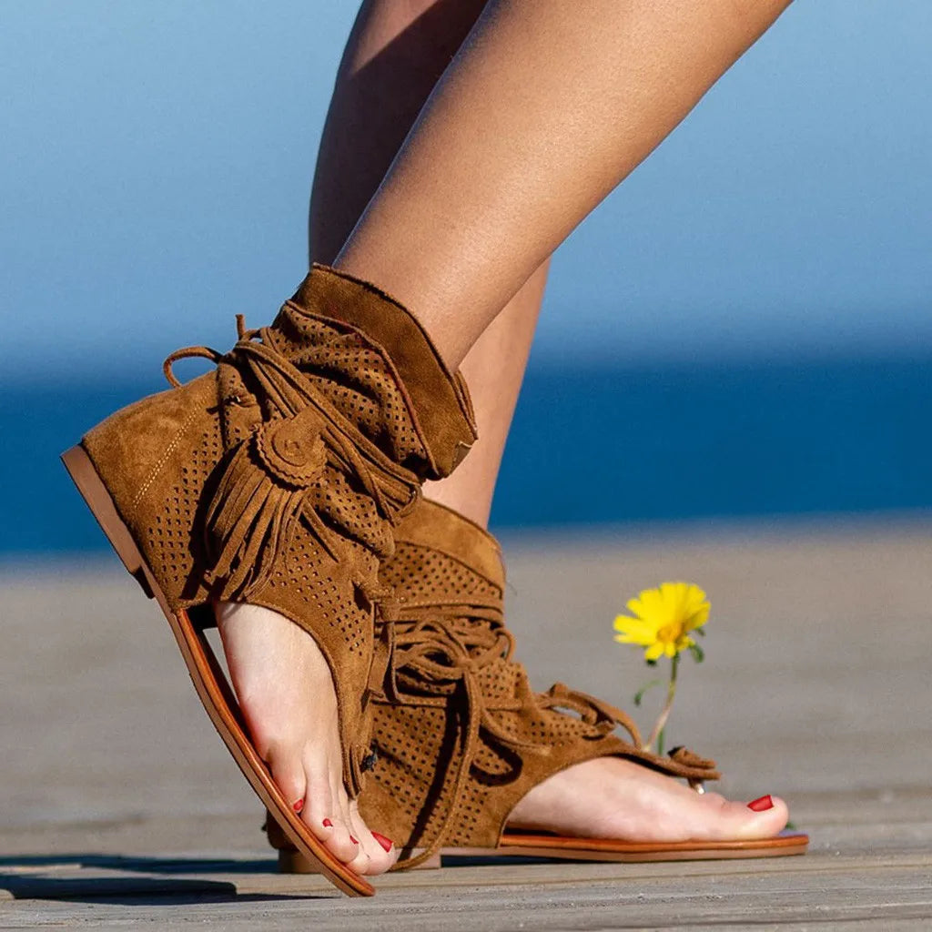 Sandals for Women Retro Bohemian Tassel Roman Beach Shoes Summer Clip Toe Gladiator Sandals