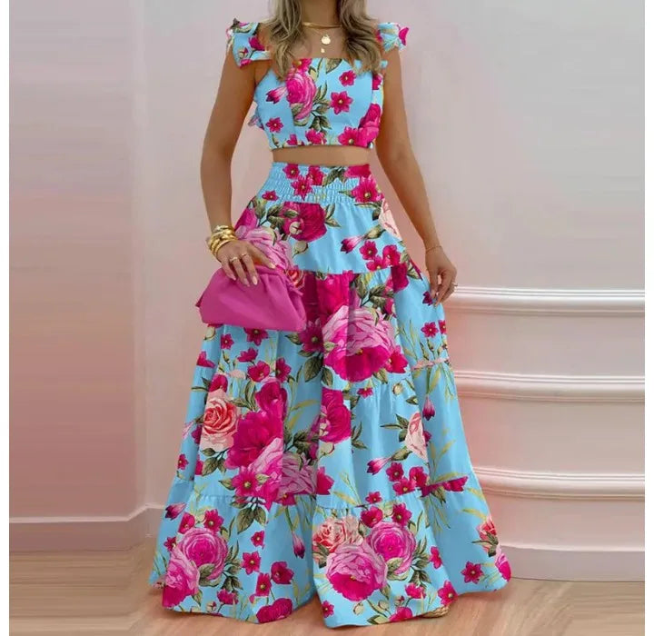 Y2k Two Piece Set Elegant Sexy Collage Sleeveless Top and Maxi Skirt Set