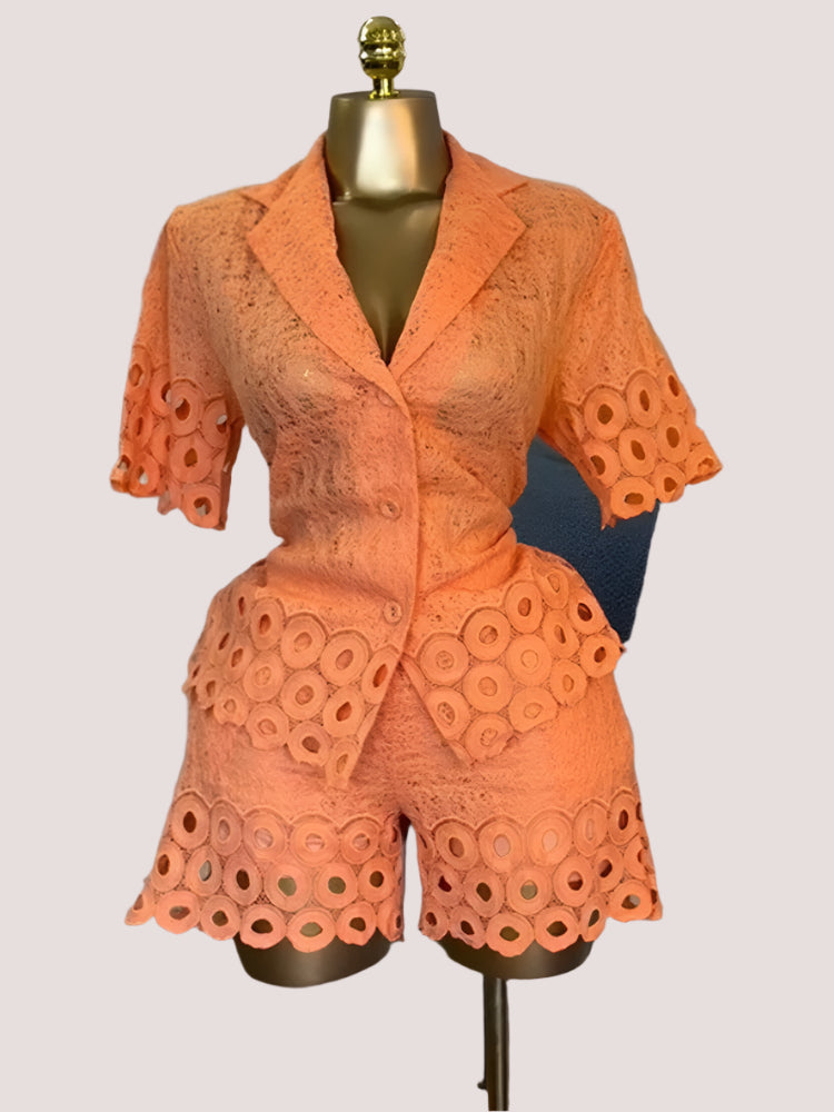 Lace Embroidery Women's Set half Sleeve Shirt and Shorts Two 2 Piece Sets Outfit