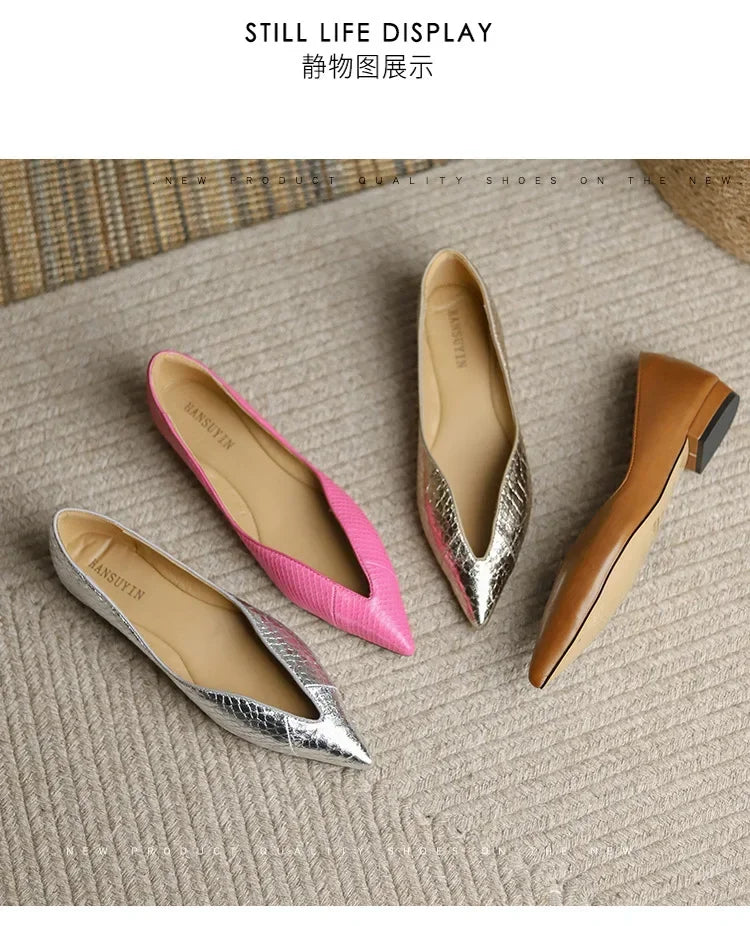French Pointed Leather Shoe Simple Comfort Sheepskin Elegant Low Heel Shoes