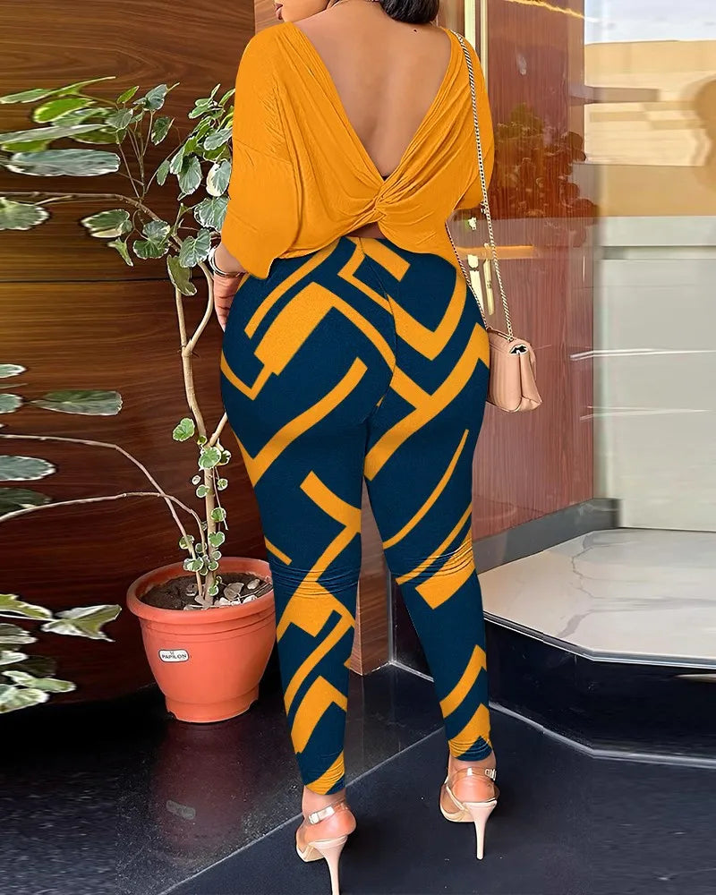 Women's Backless Round Neck Five Quarter Sleeve Pants Two-piece Casual Comfortable Set