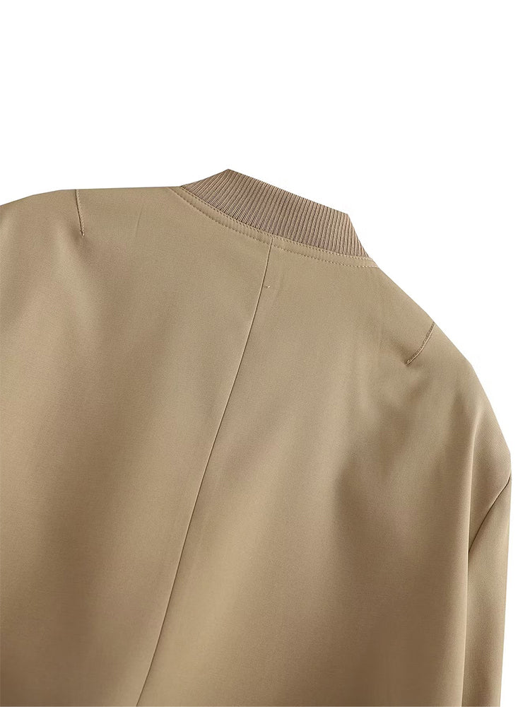 Solid Bomber Jackets Coat With Pockets V-Neck Single Breasted Long Sleeves Jacket