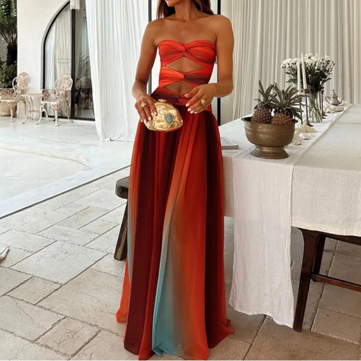 Tie-dye Gradient Hollow Out Women's Maxi Dress Elegant Off Shoulder Long Dresses