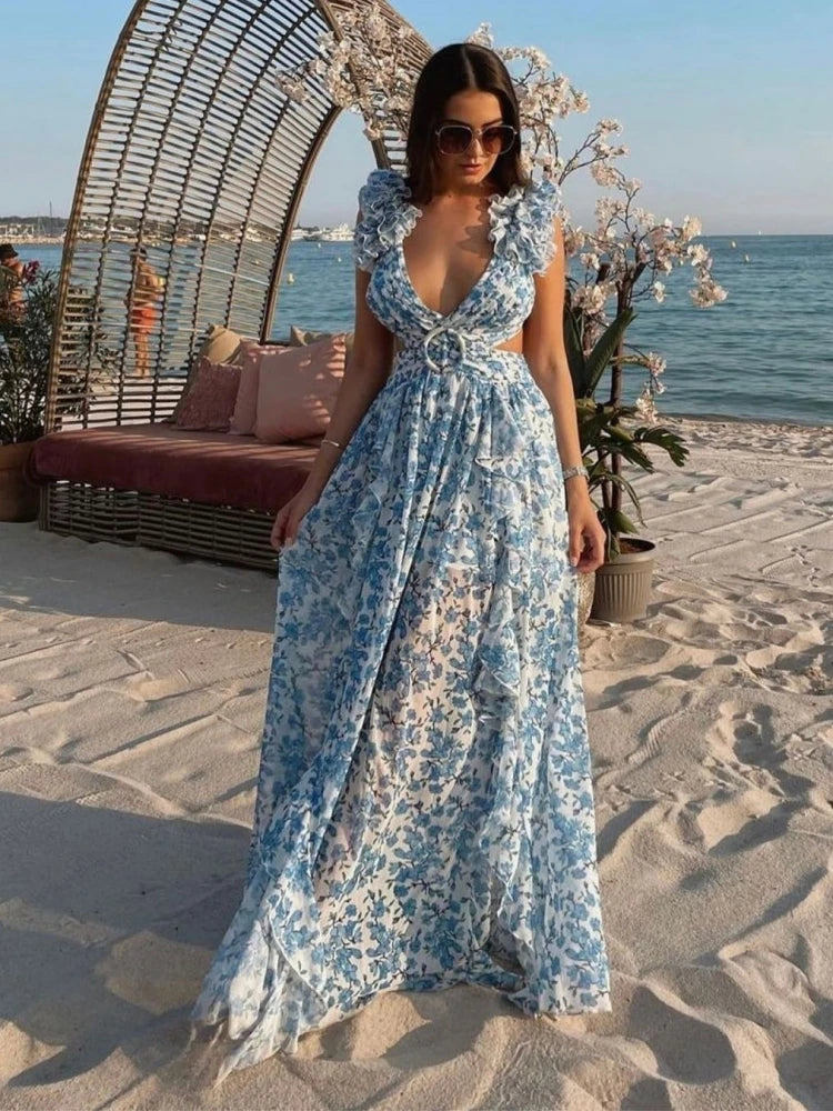 Ruffle Floral Split Vacation Party Beach Dress