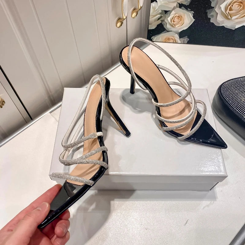 Women's Roman Sandals New Pointed Fine Heel Sexy Banquet Diamond Wrapped Strap High Heel Sandals