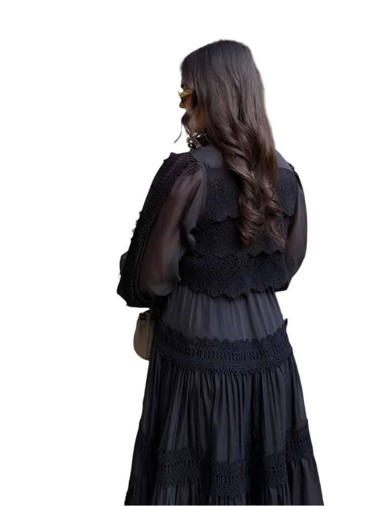 Long Sleeve Hollow Out Floral Dress Women Elegant Lapel Lantern Sleeves Maxi Dresses