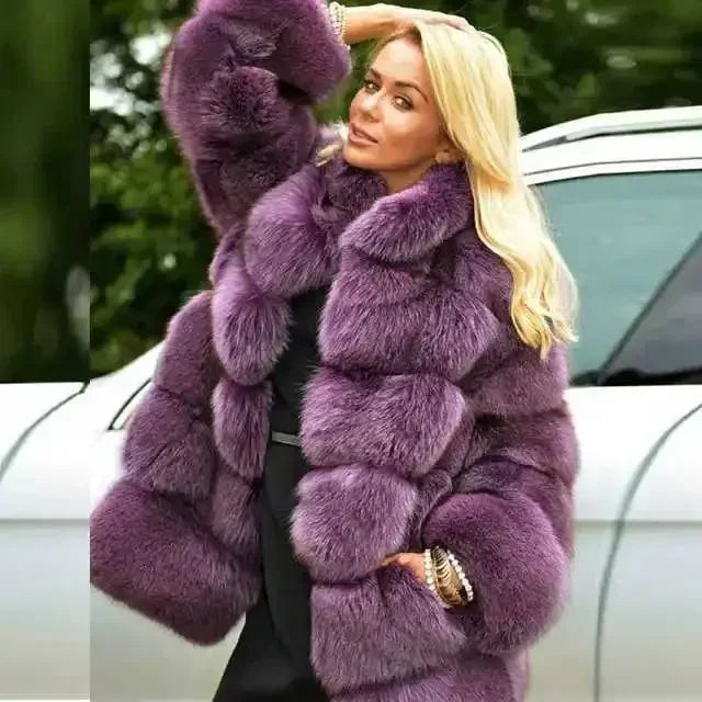 Women Faux Fox Fur Coats Turn Down Collar Thick Warm Elegant Jackets Streetwear