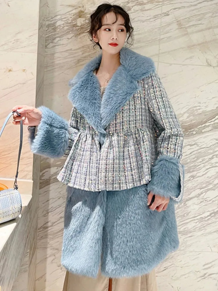 Winter Fur Coat Women Luxury Sequined Wool Faux Fur Long Jacket Fluffy Overcoat