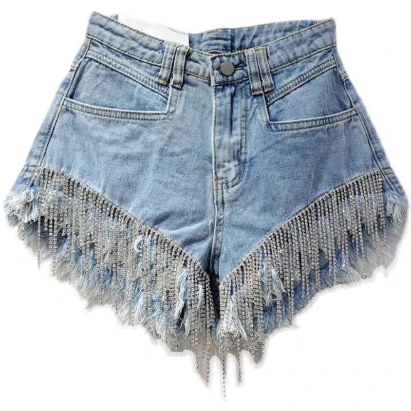 Denim shorts women's heavy industry rhinestone design high waist hot pants