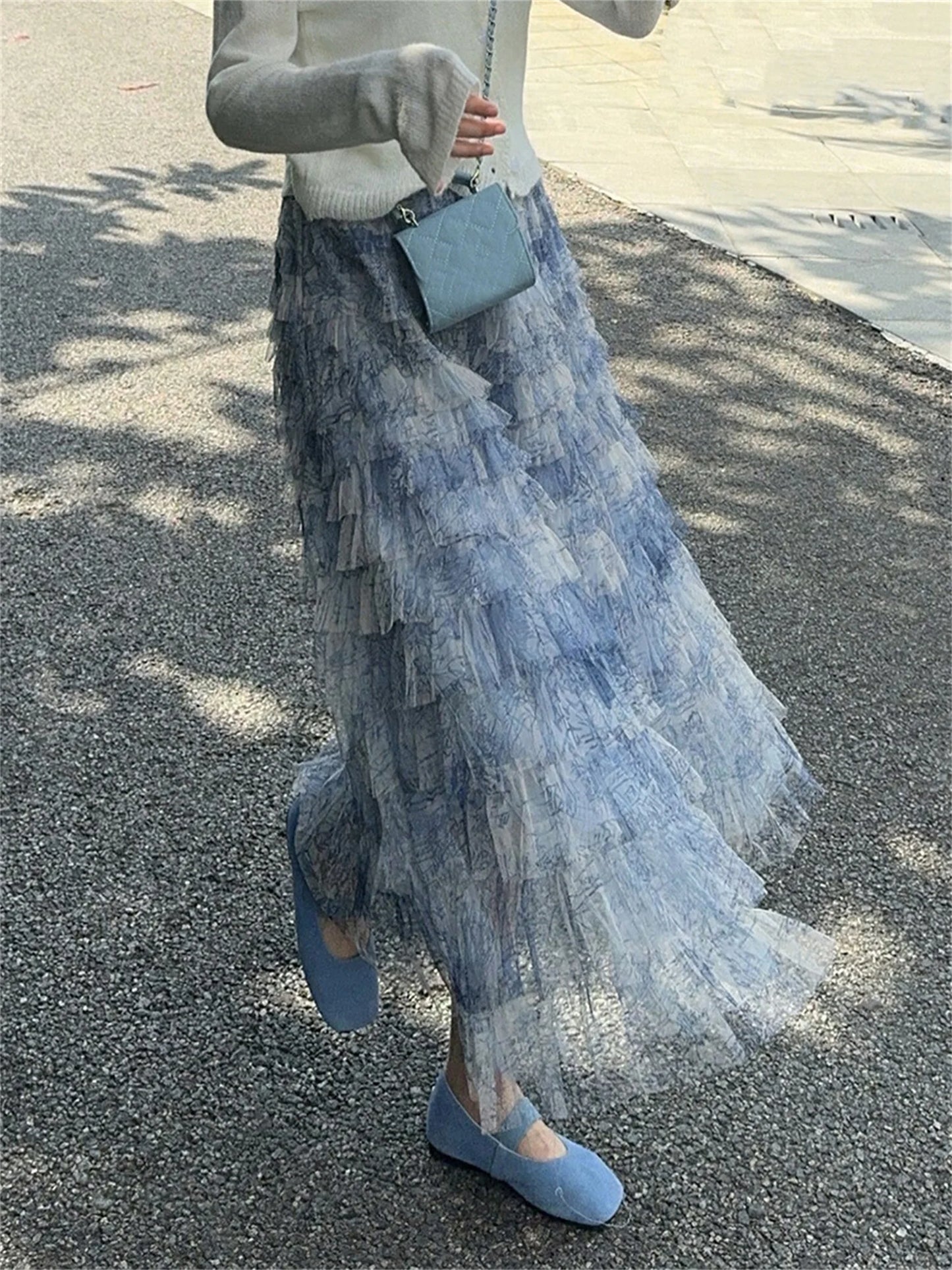 Elegant Floral Lace Maxi Skirt with High Waistband and Flowy Layers Skirt