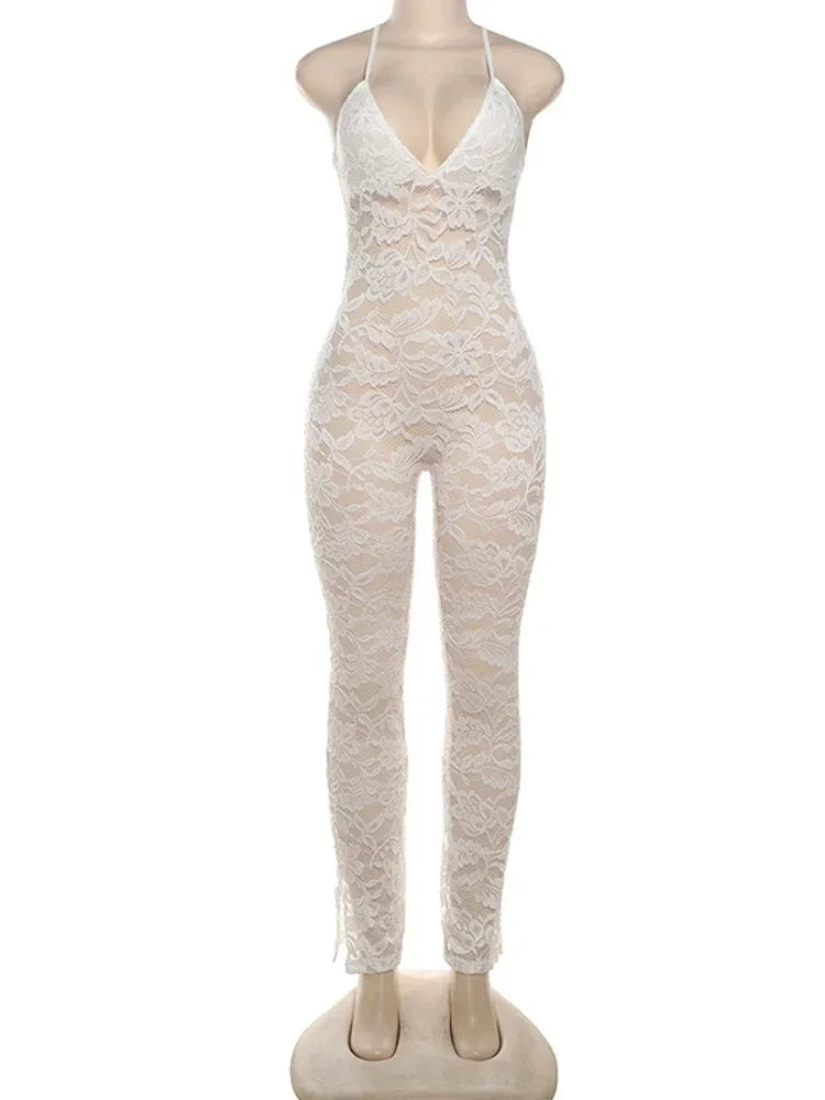 Cross Backless Jumpsuit Women Sexy See Thorough V-Neck Sleeveless Summer Coquette Stretch Overalls Club Birthday Outfit