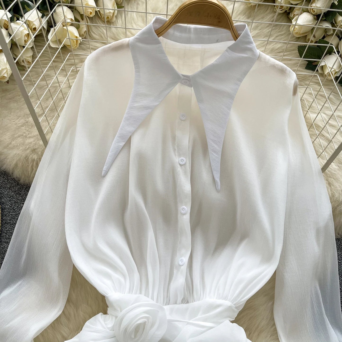 3D Floral Vintage Shirt Women Lapel Neck Long Sleeves Sheer Bohemian Organza Blouse