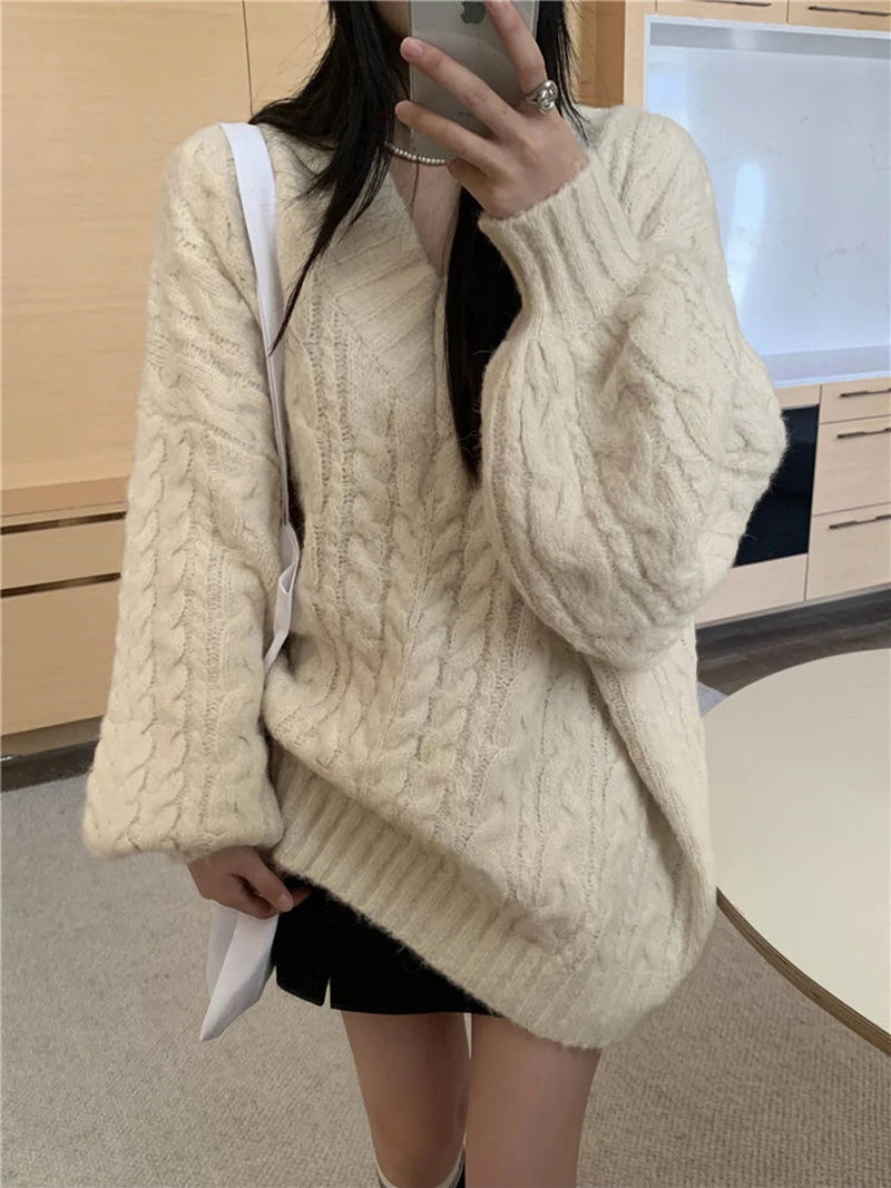 Harajuku Women Sweater Cute Oversized Knitted Pullover V Neck Sweater