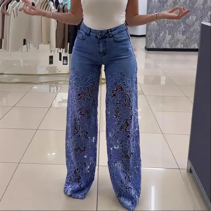 Urban Crochet Denim Women Pants Hollow Out Zippers Pocket Button Female Trousers