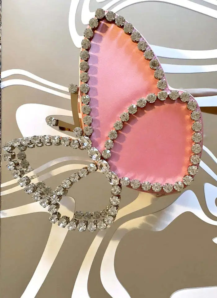 White Rhinestone Pink Butterfly Wedding Evening Clutches Party Prom Purse