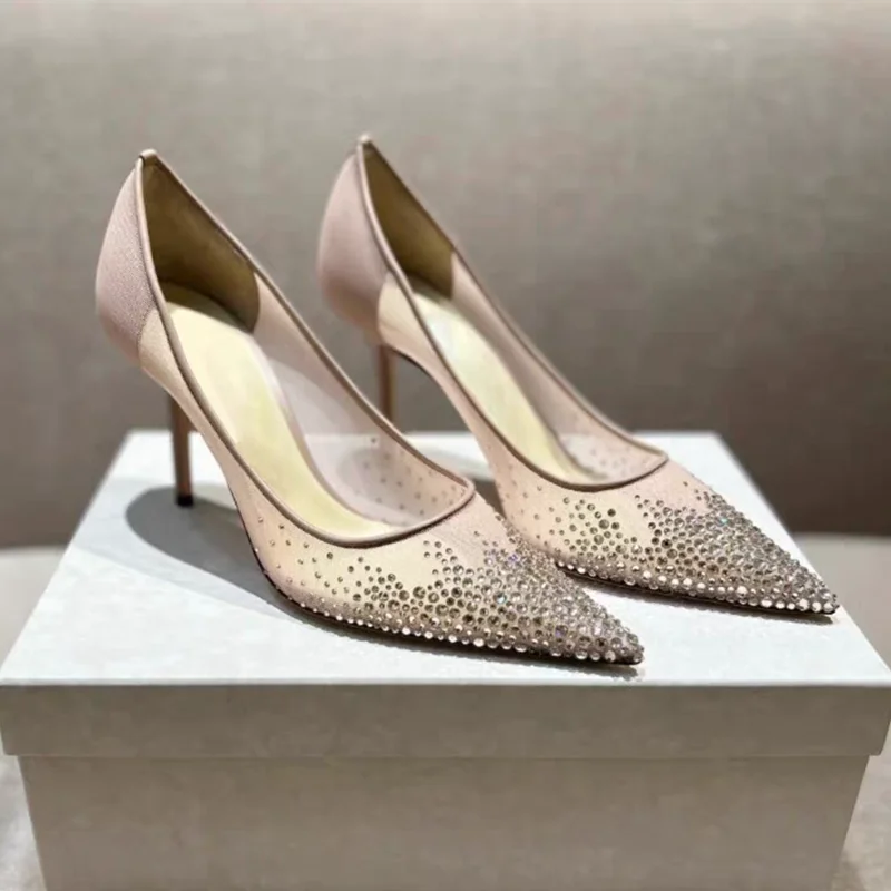 Mesh Pointed Shallow Mouth Sexy Pump Heels Stiletto Shoes Bridal Shoes
