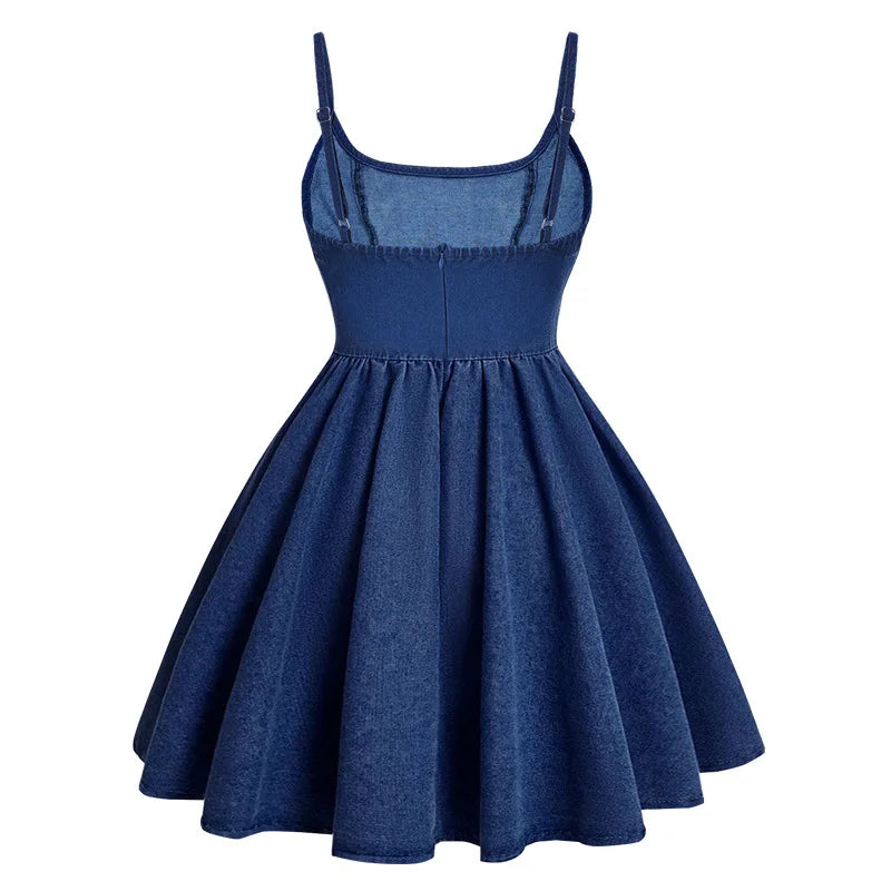 Women Denim Mini Dresses A Line Sling Stretchy Y2k Causal Denim Dress