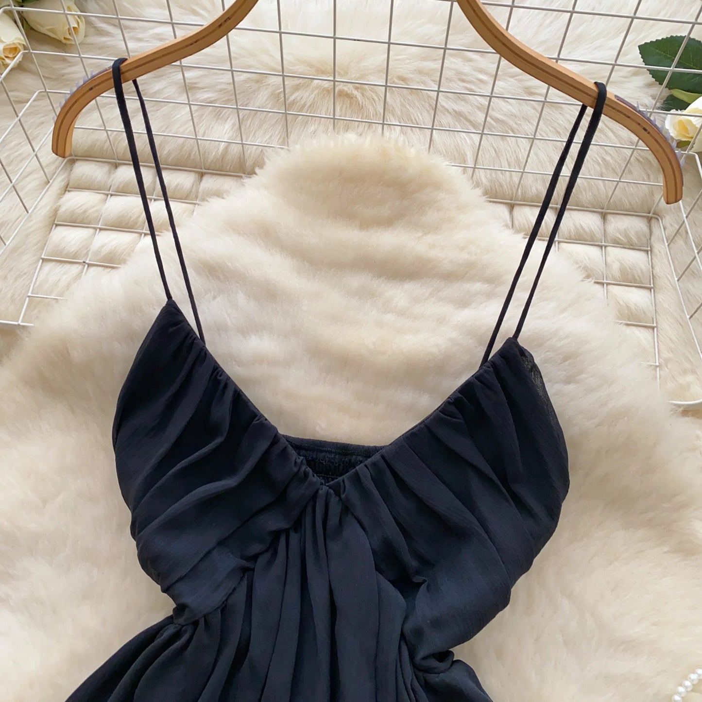 Chiffon Tops Straps Deep V Backless Top Ruffles Short Tank Top Vacation Style Sexy Tops