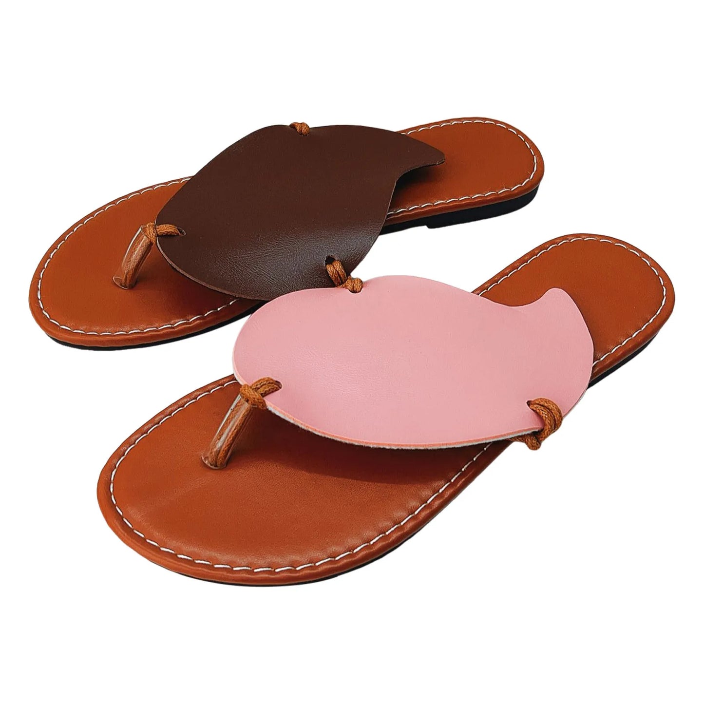 Flat Sandals For Women Ladies Summer Color Blocking Leaves Soft Leather Clip Toe Flat Yoga Sandals For Women