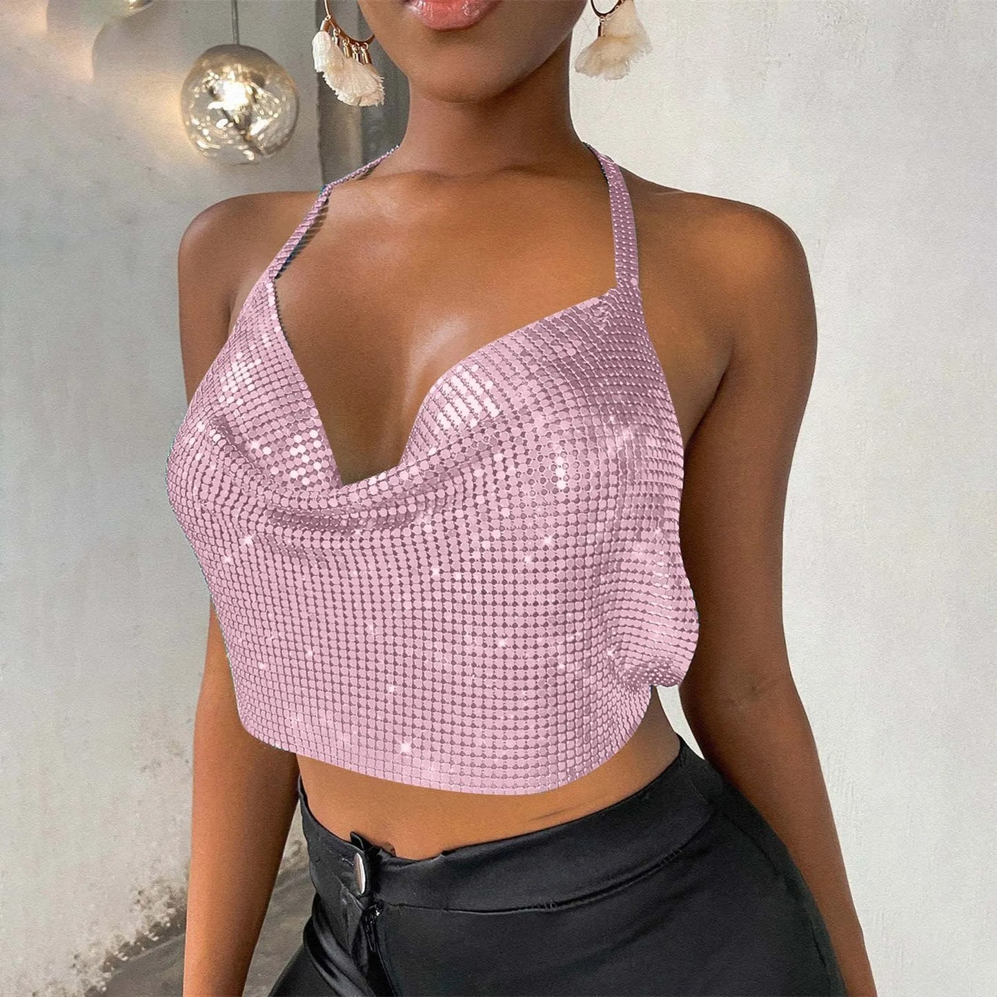Sexy Sequins Metal Crop Tops Women Suspenders Halter Backless Night Club Tank Top