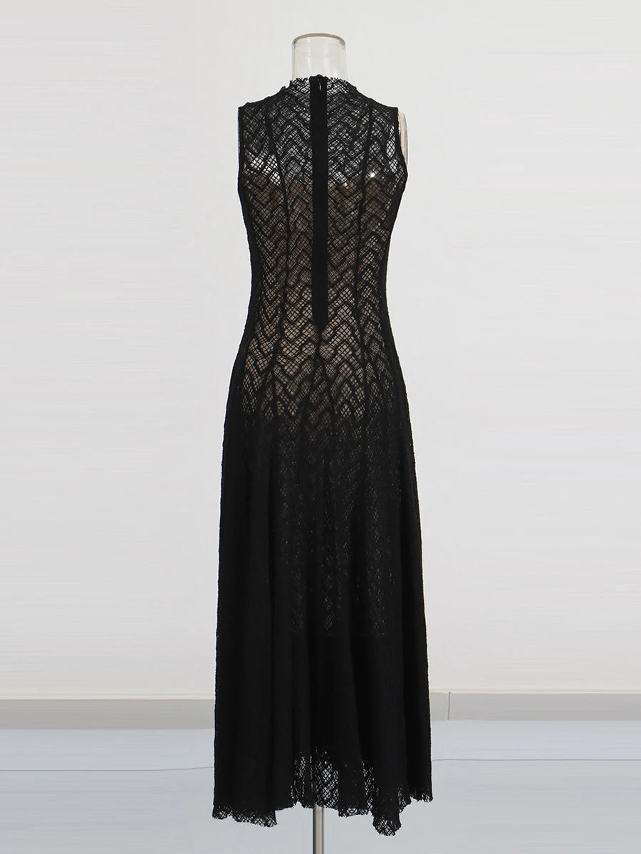 Solid Spliced Appliques Loose Maxi Dress For Women O Neck Sleeveless High Waist Dress