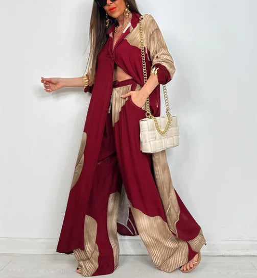 Elegant Lady Two Piece Set Printed Long Shirt Top + Wide Leg Pants 2-piece Outfit Oversized Sets