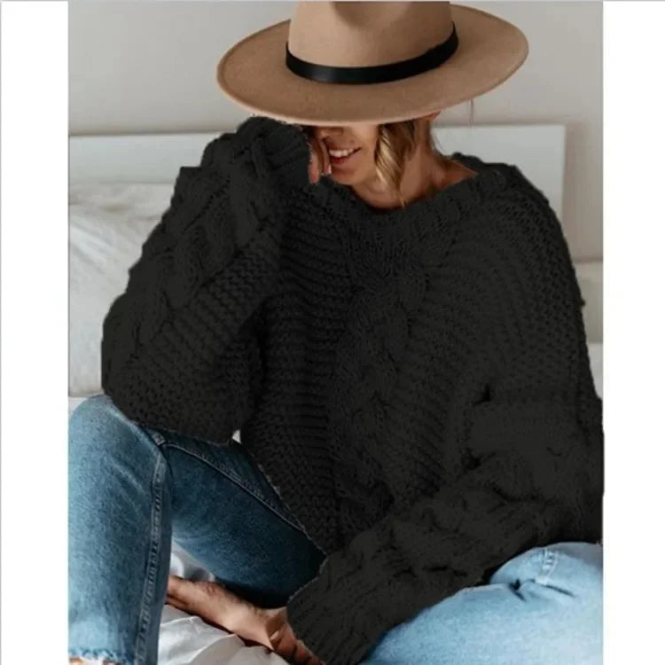 Loose Knitted Casual Sweater V Turtleneck Twist Women's Pullover Sweater