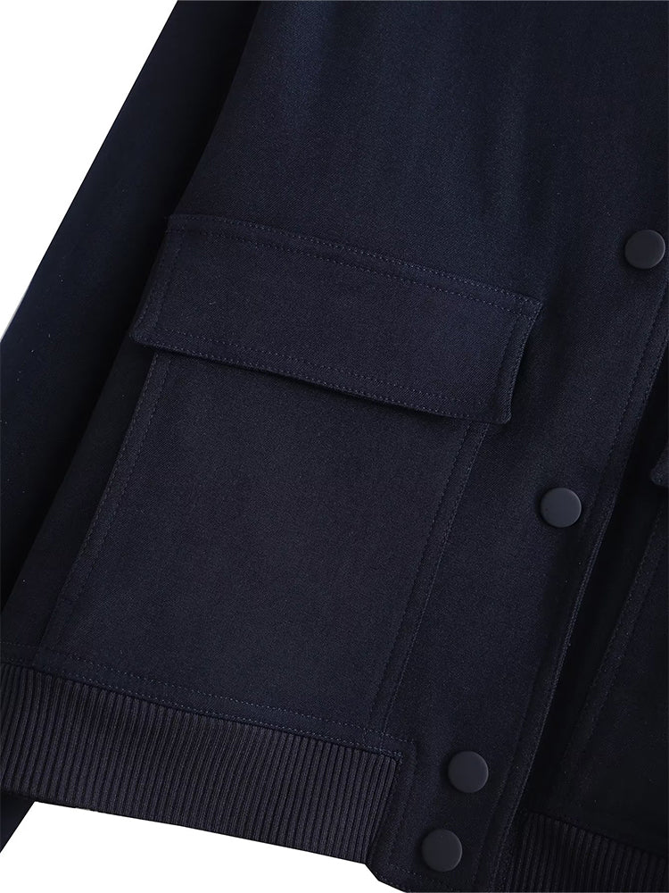 Solid Bomber Jackets Coat With Pockets V-Neck Single Breasted Long Sleeves Jacket