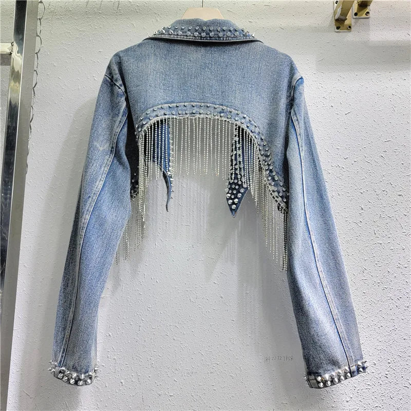 Diamonds Beaded Tassels Rivets Denim Jacket Retro High Waisted Crystal Fringed Backless Jeans Cowboy Coat