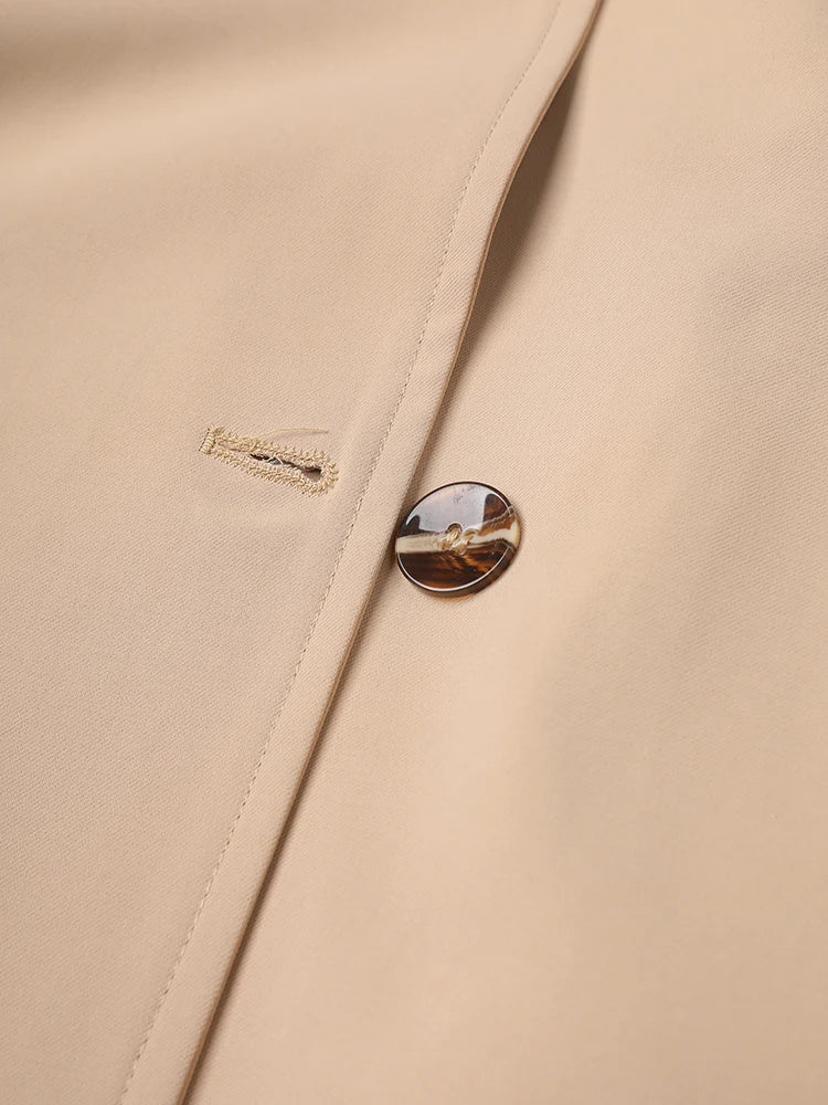 Women Khaki Pleated Elegant Trench New Lapel Long Sleeve Windbreaker Trench Coat
