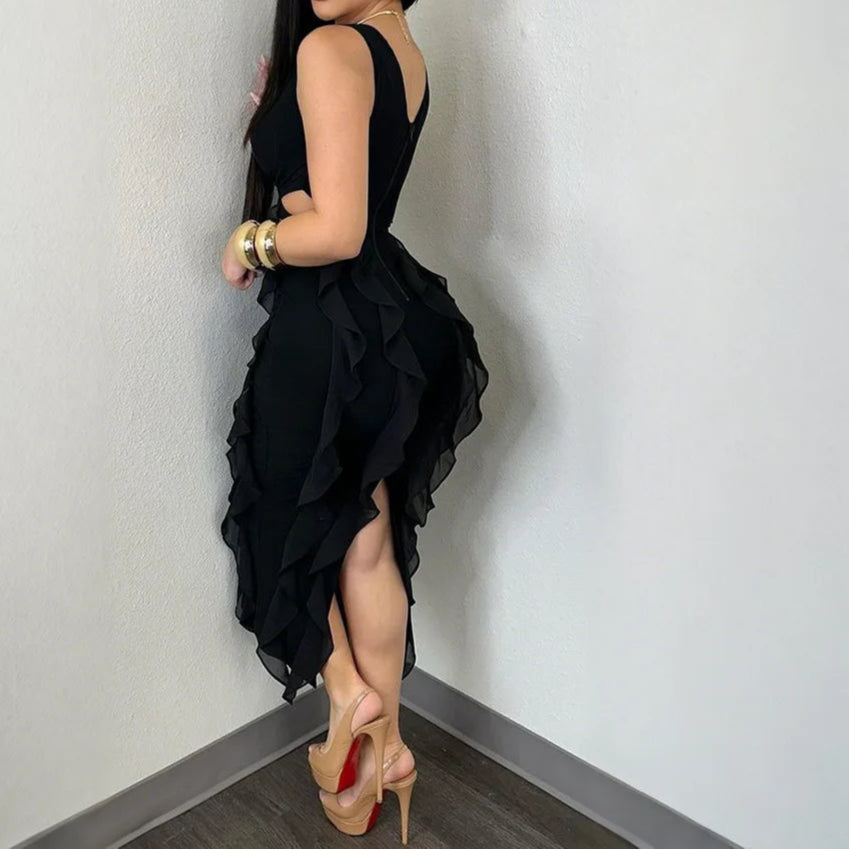 Wedding Guest Dress Women Sleeveless V-neck Ruffle Bodycon Midi Dress Birthday Outfit