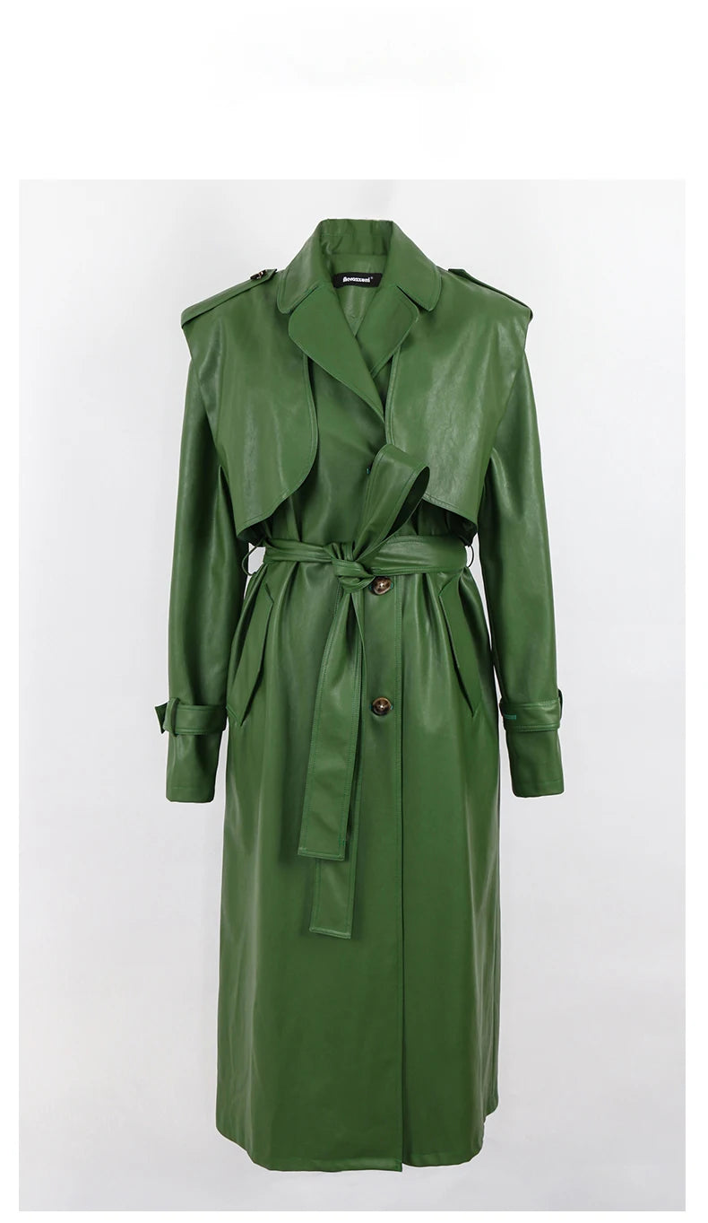 Long Green Pu Leather Trench Coat for Women with Back Slit Sashes Single Breasted