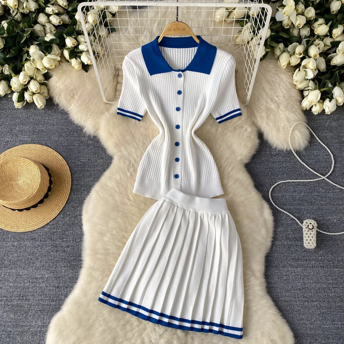 Mini Skirt Set Women Two Piece Sets Polo Collar Knit Shirt Tops Skirt Sets Casual Y2k