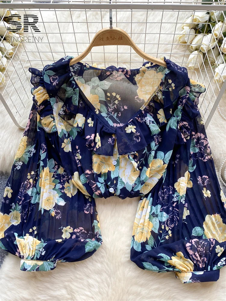 Floral Print Loose Shirt Women Lantern Sleeve V Neck Thin Causal Ruffle Blouse