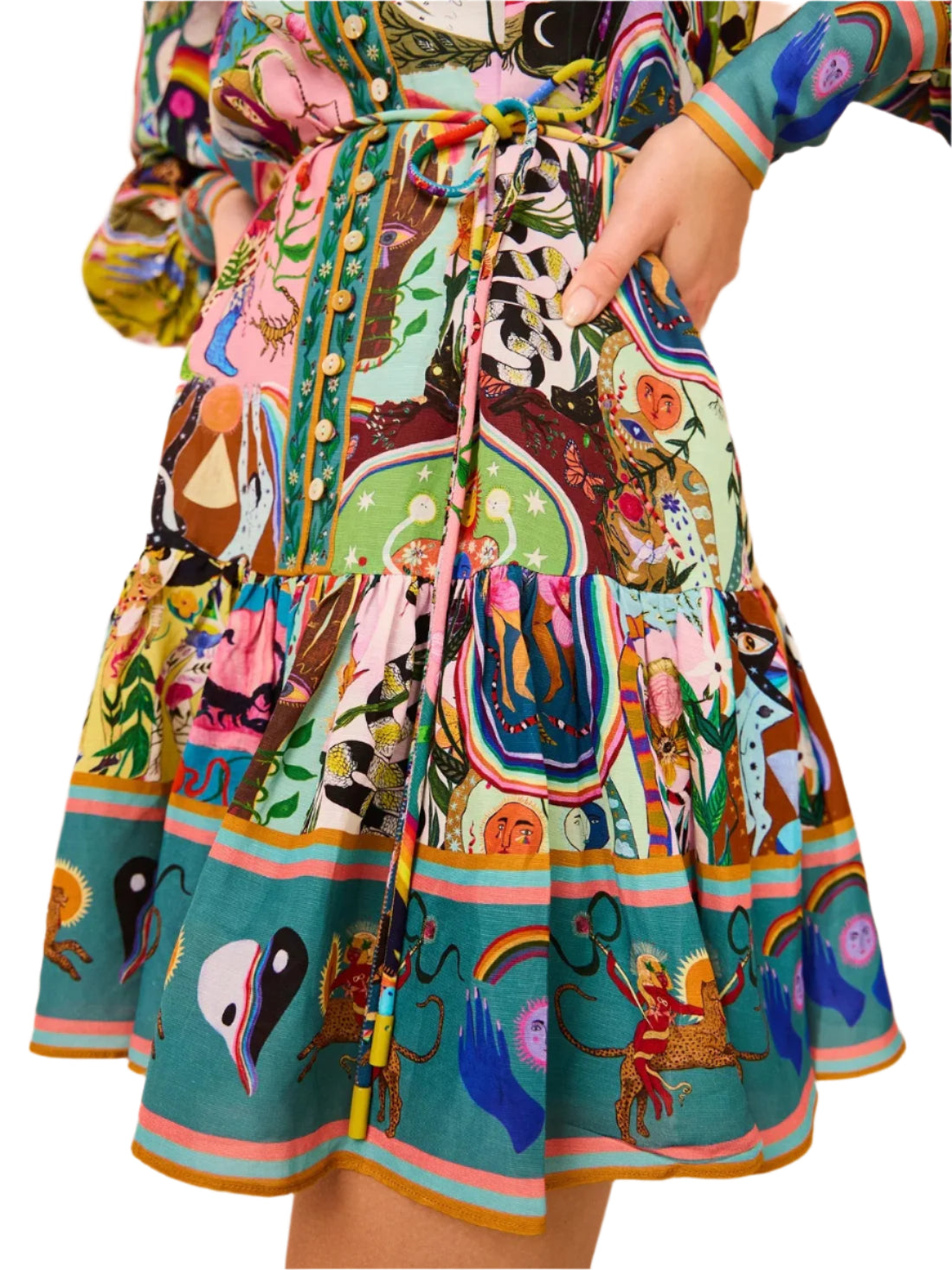 printed round neck dress cinched waist strap pleated ruffle edge dress summer dress