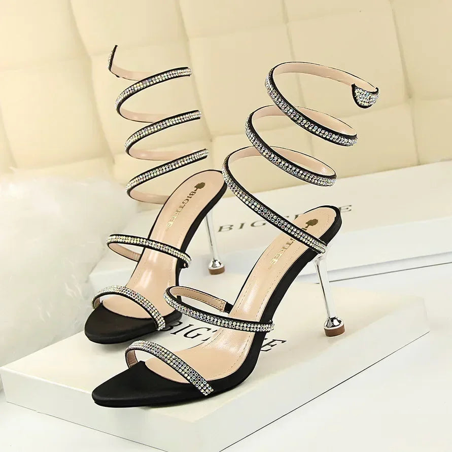 Women Luxury Party 8.5cm High Heels Summer Sexy Nightclub Sandals Female Red Green Ankle Strappy Roman Gladiator Crystal Sandles