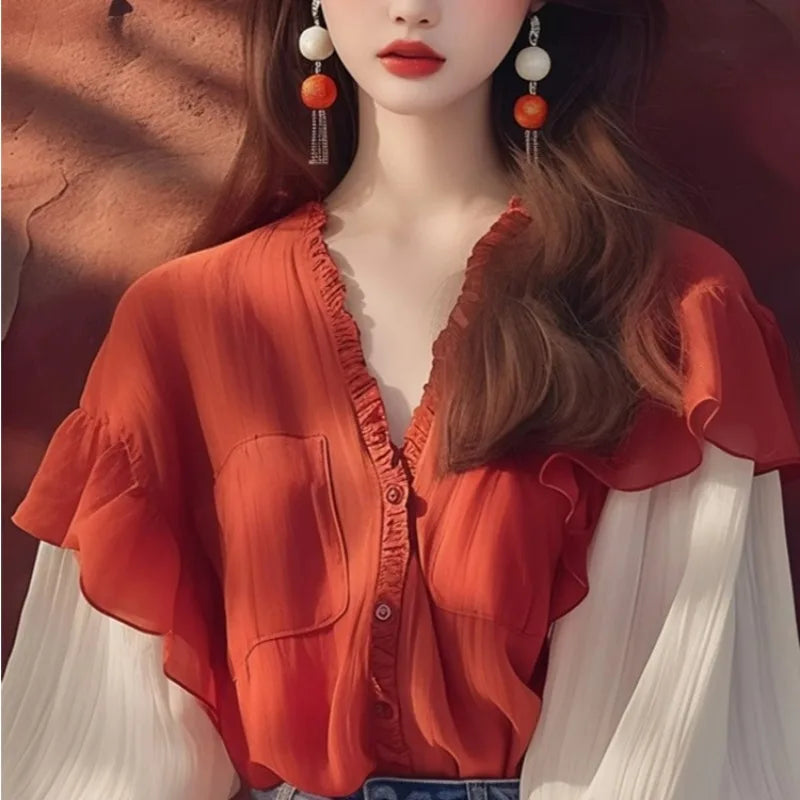 Chiffon Vintage Women's Shirts Patchwork Women Shirts Loose Long Sleeves Blouse