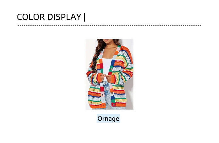 Plus Size Women's Rainbow Stripe Knit Crochet Cardigan Sweater