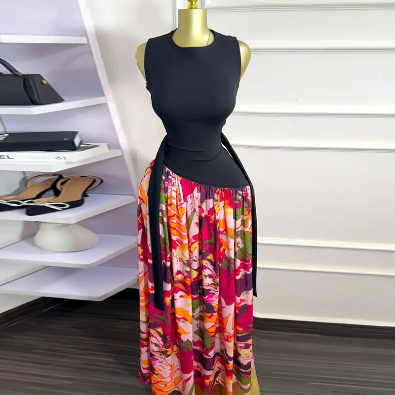 Sleeveless ashes Maxi Dress Printed Patchwork Tank Long Maxi Dress