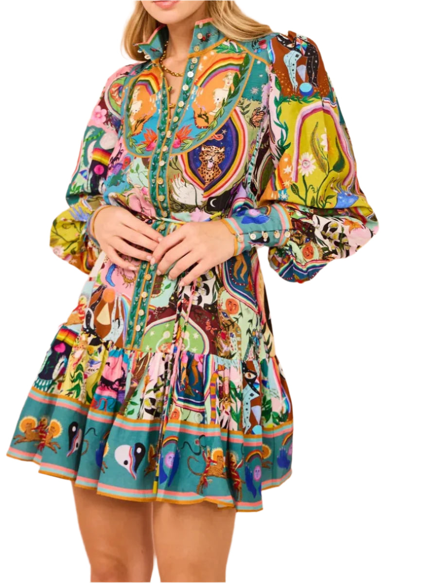printed round neck dress cinched waist strap pleated ruffle edge dress summer dress