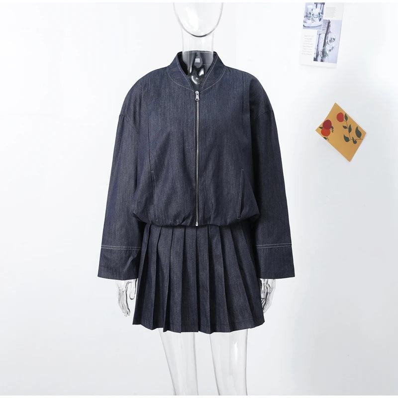 Denim Jacket Mini Skirt Women 2 Piece Set Stand Collar Zipper Long Sleeve Pocket Coat A-line Skirts