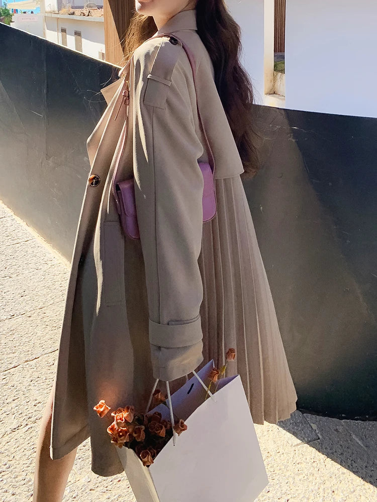 Women Khaki Pleated Elegant Trench New Lapel Long Sleeve Windbreaker Trench Coat