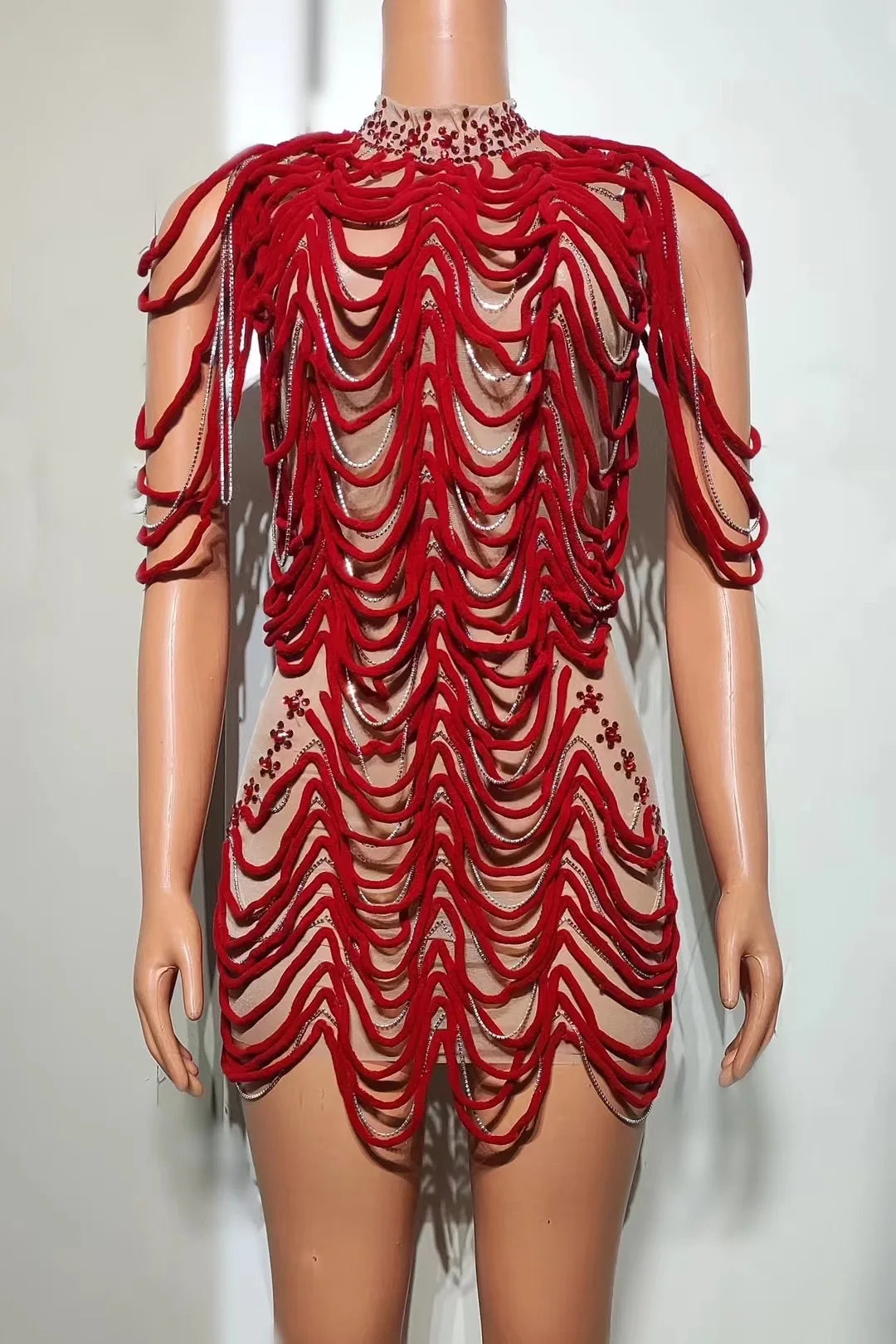 Mesh Rhinestones Chain Mini Dress Nightclub Party Performance Outfit