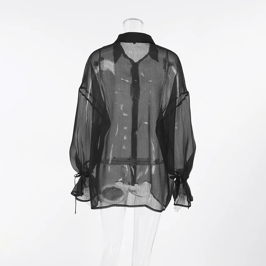 Sexy Transparent Shirt Women Blouse Loose Turn-down Collar Flare Sleeve Lace-up Shirt Top