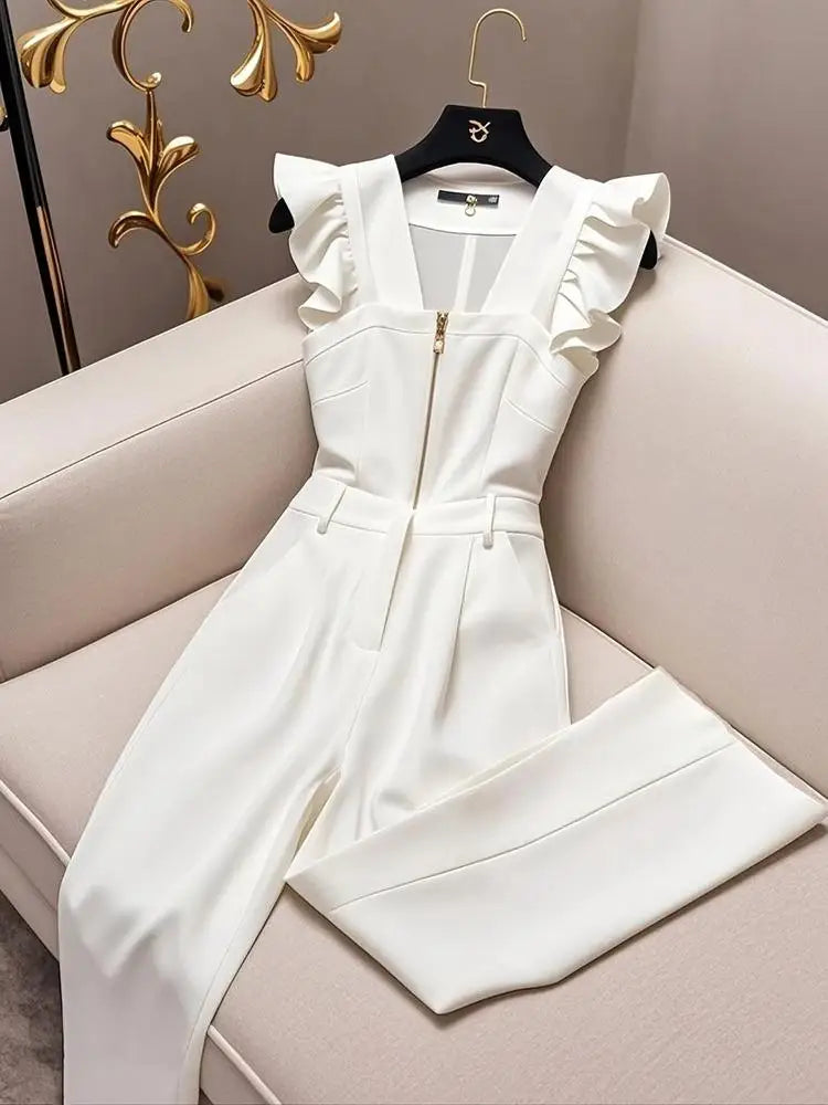 Oversized Luxury Temperament Jumpsuit Women Ruffles Sleeveless Elegant White Jumpsuit with Belt