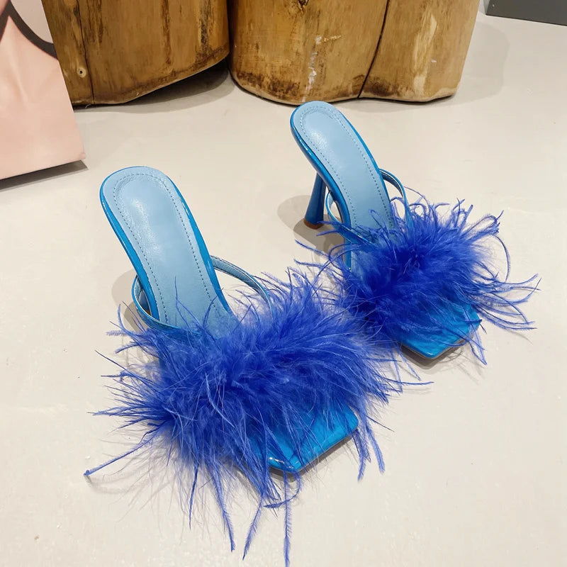 Fur Feather High Heels Slippers Sandals Women Summer Mules Ladies Shoes