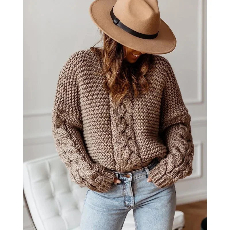Loose Knitted Casual Sweater V Turtleneck Twist Women's Pullover Sweater