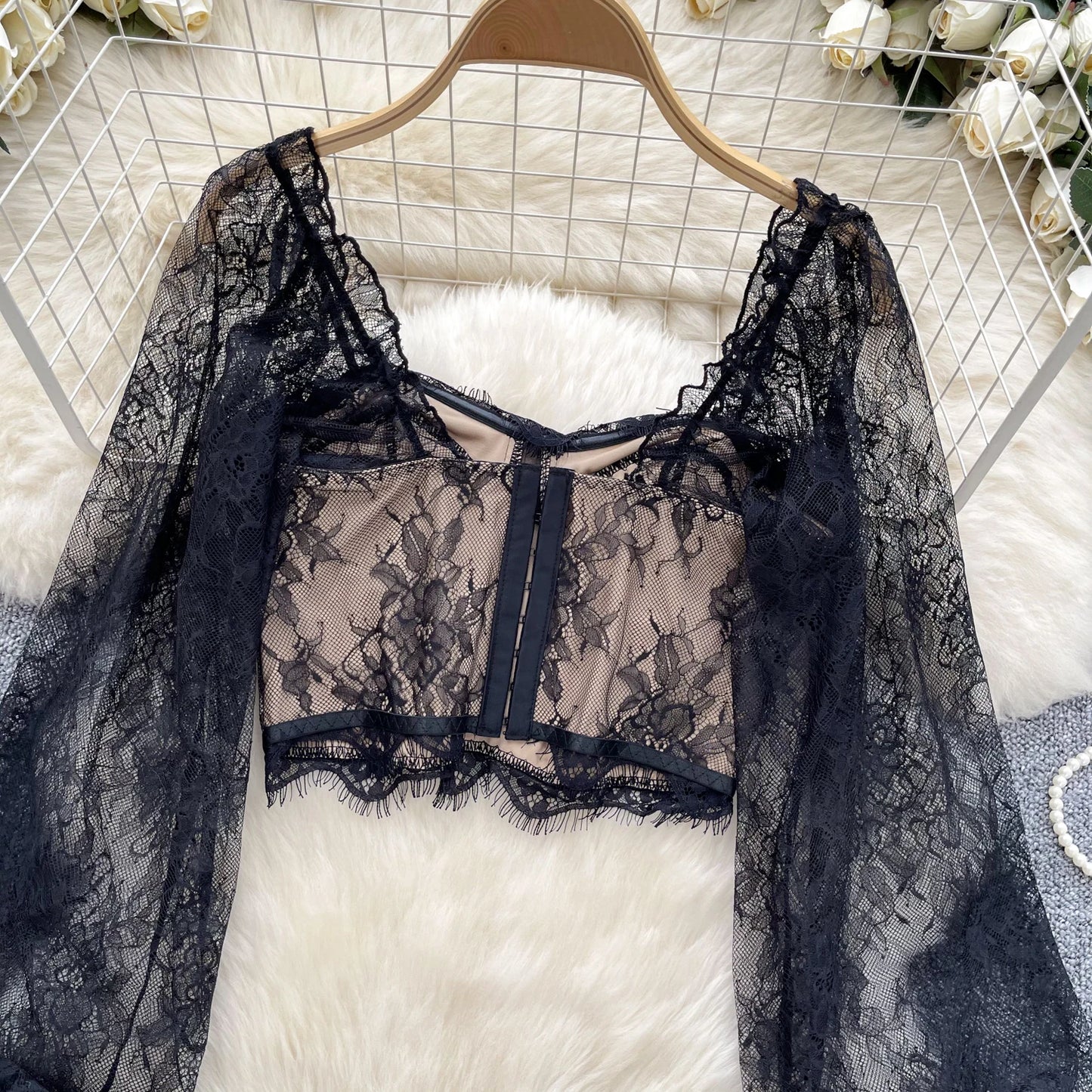 Lace Sexy Blouse Women Flare Sleeve Square Collar Embroidery Blouse High Quality Short Top