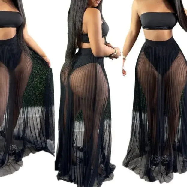 Women Mesh See Though Two Piece Set Sexy Beach Strapless Tops and Pleated Maxi Skirts Matching Set Summer Outfits