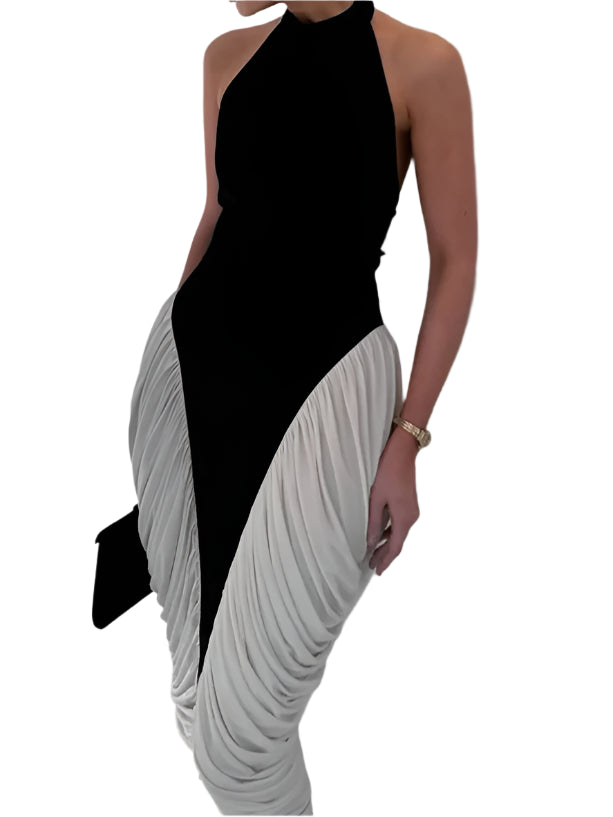 Patchwork Halter Backless Sexy Midi Dress Women Gown Elegant Fashion Contrast Color Sleeveless Pleated Long Dress
